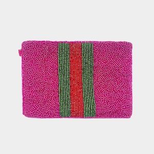 Color block pink red green seed beaded fashion pouch wallet